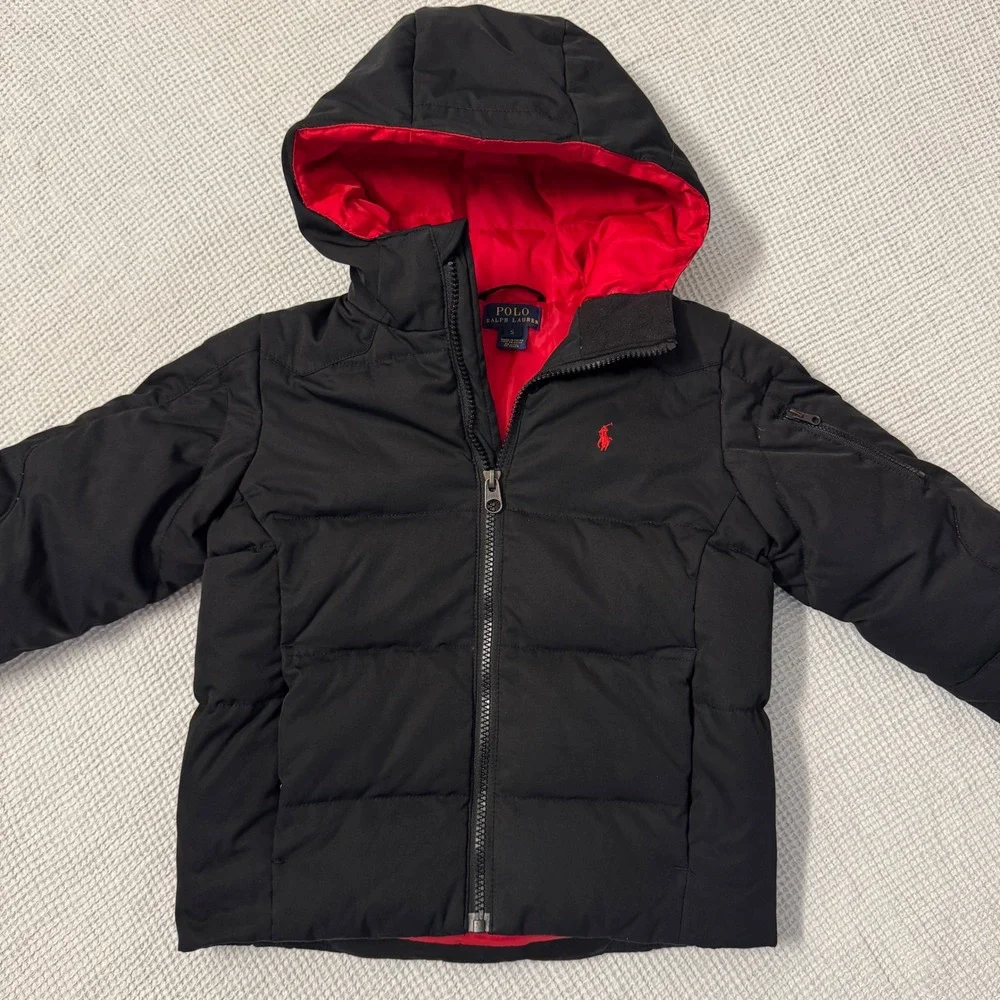 Polo Ralph Lauren Boys Black Down Puffer Jacket Red Lining Hooded Coat Size 5